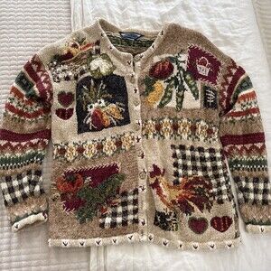 Vintage Shaver Lake Cardigan Fall Floral Chunky Knit M/L Boho Cottagecore granny